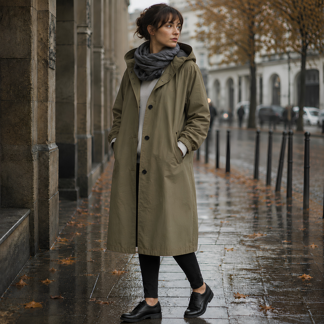Parka donna verde militare lungo con cappuccio e bottoni scuri sul davanti