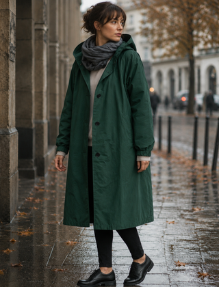 Parka donna verde scuro lungo con cappuccio e bottoni a vista in città