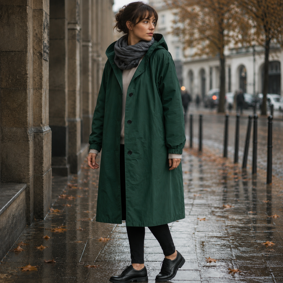 Parka donna verde scuro lungo con cappuccio e bottoni a vista in città