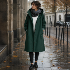 Donna con parka verde scuro aperto, mani nelle tasche laterali e collo alto