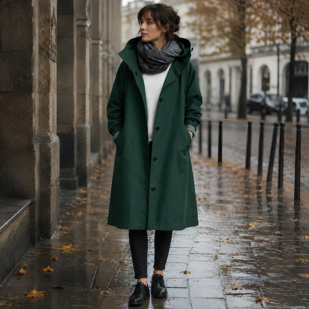 Donna con parka verde scuro aperto, mani nelle tasche laterali e collo alto