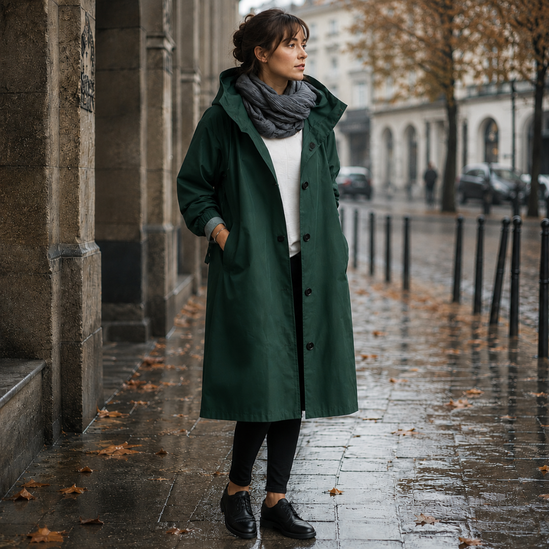 Parka lungo verde scuro con cappuccio morbido e polsini arricciati sulle maniche