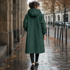 Retro del parka donna verde scuro con cappuccio ampio e linea dritta