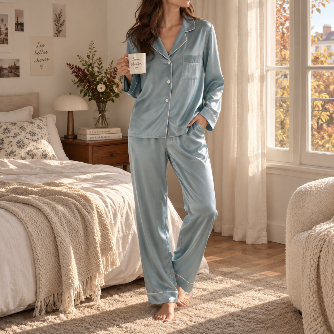 Pigiama donna celeste con pantaloni lunghi profilati, modella in piedi con tazza