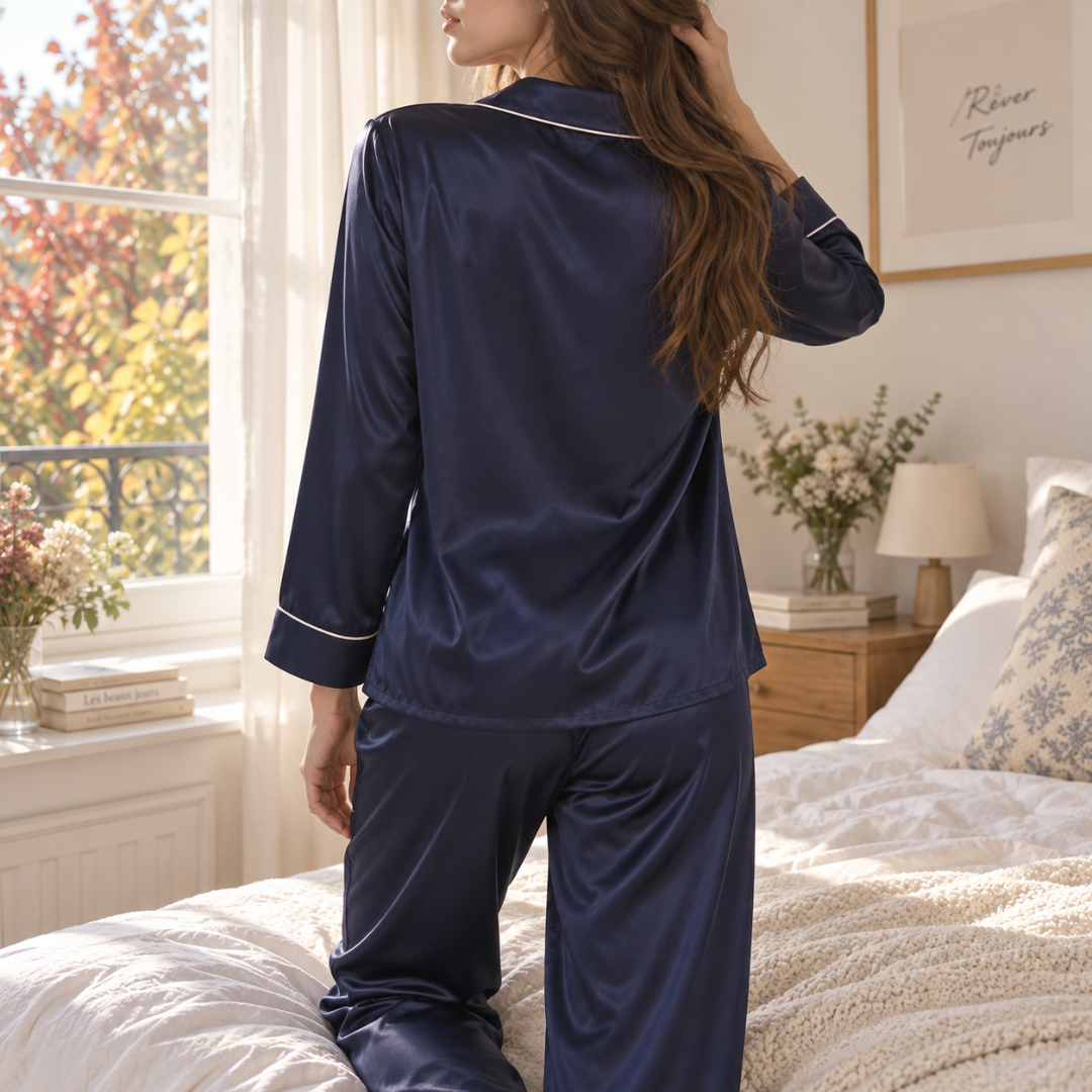 Vista posteriore del pigiama donna blu navy con camicia lunga e pantaloni abbinati