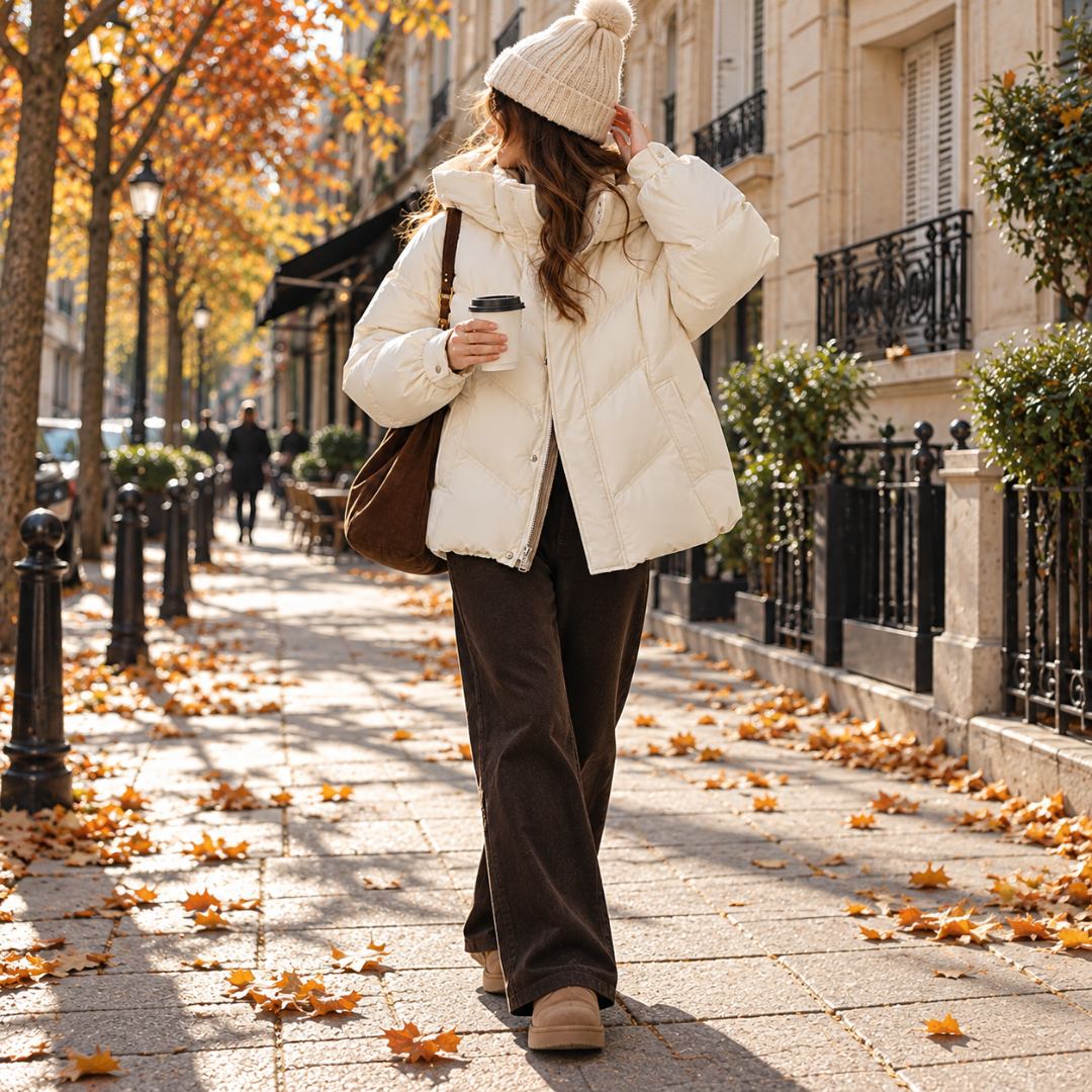 Piumino donna bianco con cappuccio e trapuntatura a chevron indossato in strada