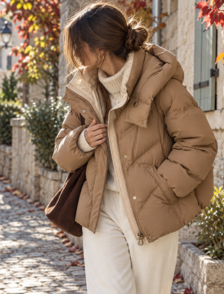 Piumino donna marrone con cappuccio e coulisse sul fondo, zip aperta