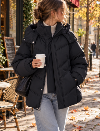 Piumino donna nero con cappuccio, collo alto e cuciture trapuntate a chevron
