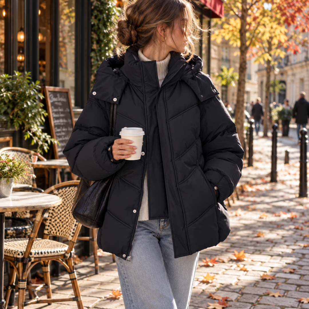 Piumino donna nero con cappuccio, collo alto e cuciture trapuntate a chevron