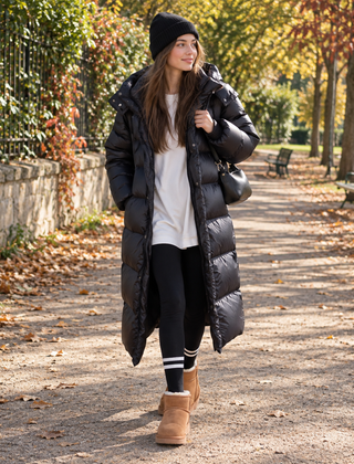 Piumino donna lungo nero con cappuccio e trapuntatura orizzontale, indossato aperto in un parco