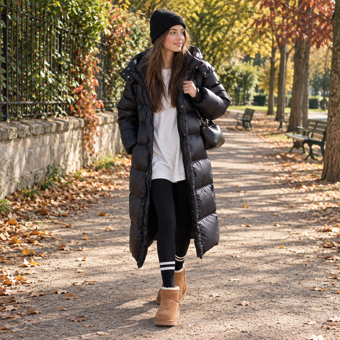 Piumino donna lungo nero con cappuccio e trapuntatura orizzontale, indossato aperto in un parco