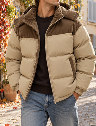 Piumino beige con carré e cappuccio marroni in velluto a coste