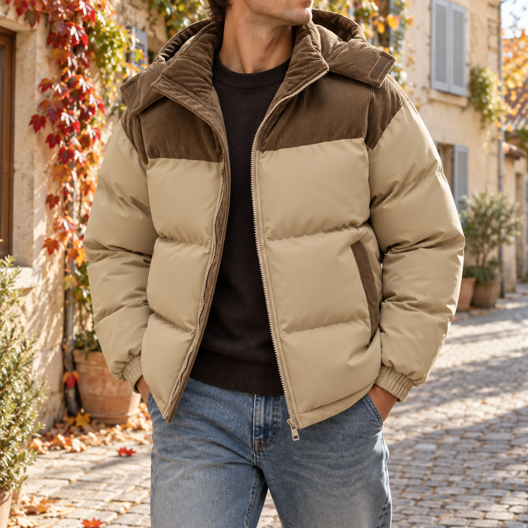 Piumino beige con carré e cappuccio marroni in velluto a coste