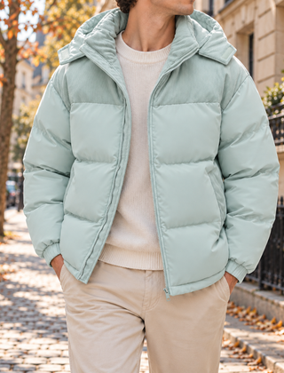 Piumino uomo celeste con cappuccio in velluto a coste e zip aperta