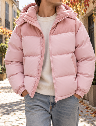 Piumino uomo rosa con cappuccio a coste, zip centrale e fondo elastico