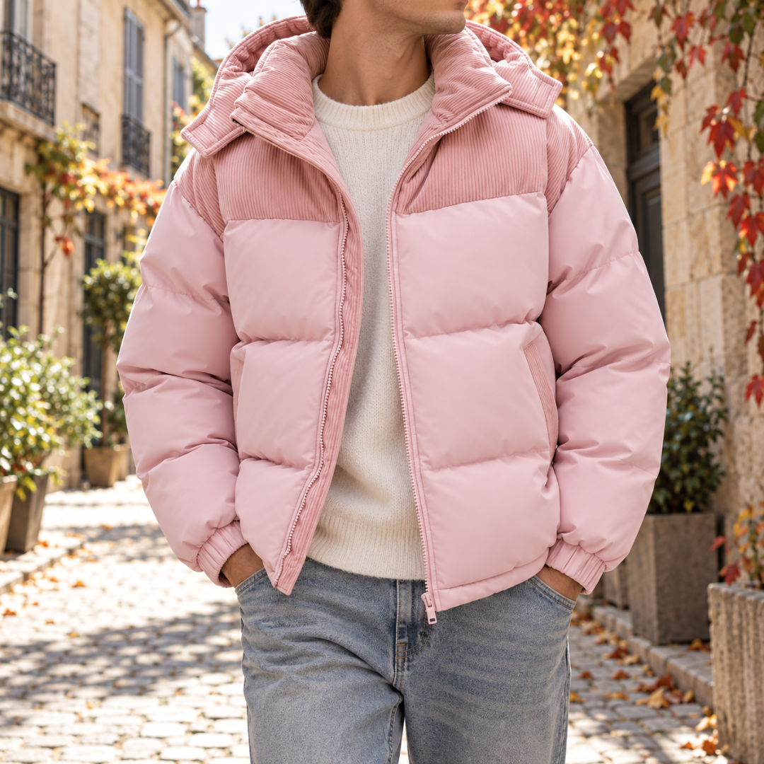 Piumino uomo rosa con cappuccio a coste, zip centrale e fondo elastico