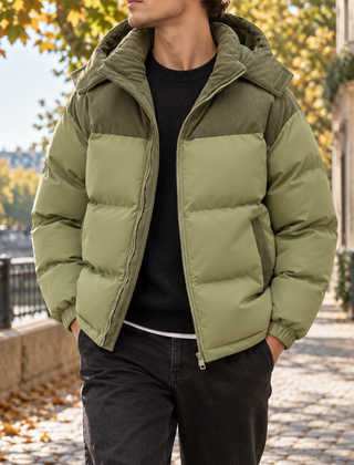 Piumino verde con cappuccio a coste a contrasto e tasche laterali