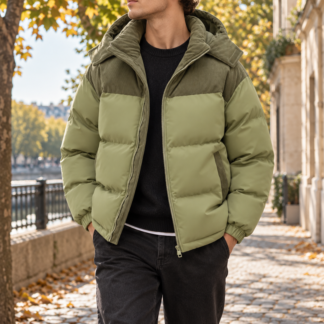 Piumino verde con cappuccio a coste a contrasto e tasche laterali