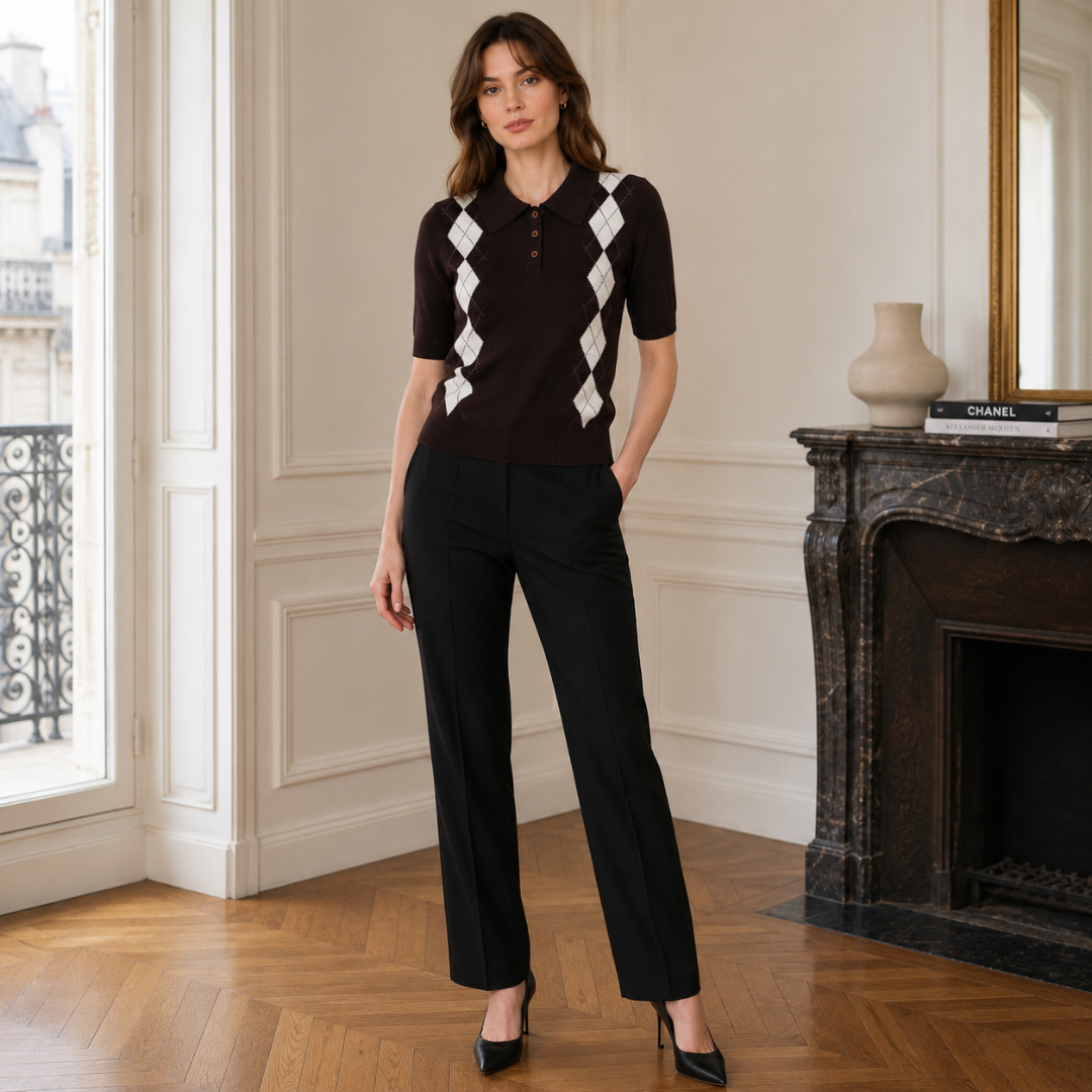 Polo donna marrone a rombi bianchi con colletto a camicia e pantaloni neri