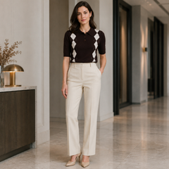 Polo donna a rombi bianchi con tre bottoni, indossata con pantaloni color crema