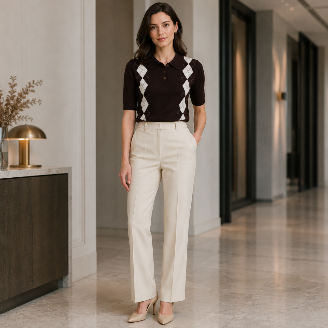 Polo donna a rombi bianchi con tre bottoni, indossata con pantaloni color crema