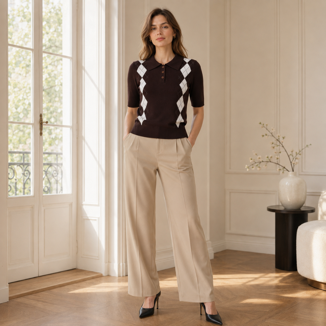 Polo donna marrone a rombi bianchi con tre bottoni e pantaloni beige a gamba larga