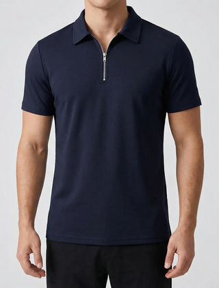 Polo uomo blu navy con mezza zip metallica e colletto a punta