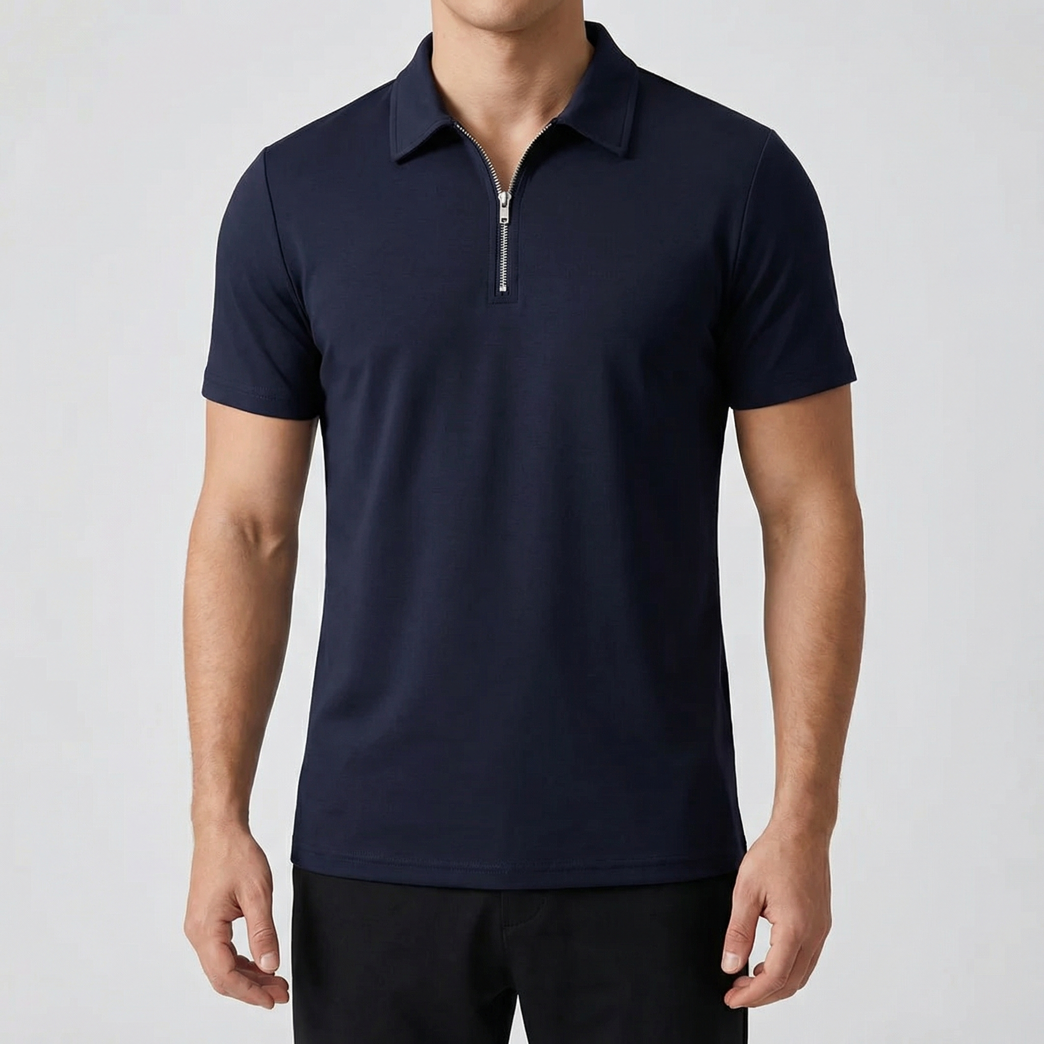 Polo uomo blu navy con mezza zip metallica e colletto a punta