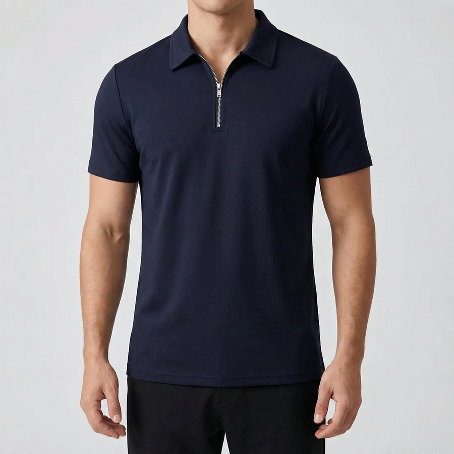 Polo uomo blu navy con mezza zip metallica e colletto a punta