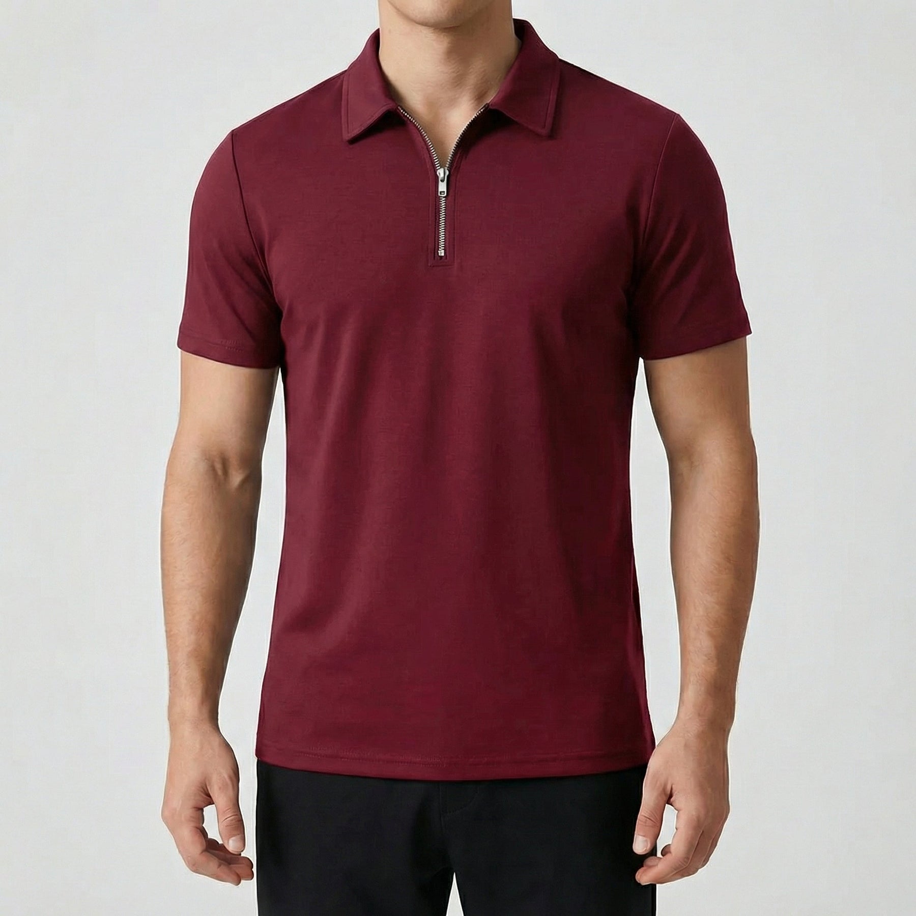 Polo uomo bordeaux manica corta con cursore zip argentato sul davanti