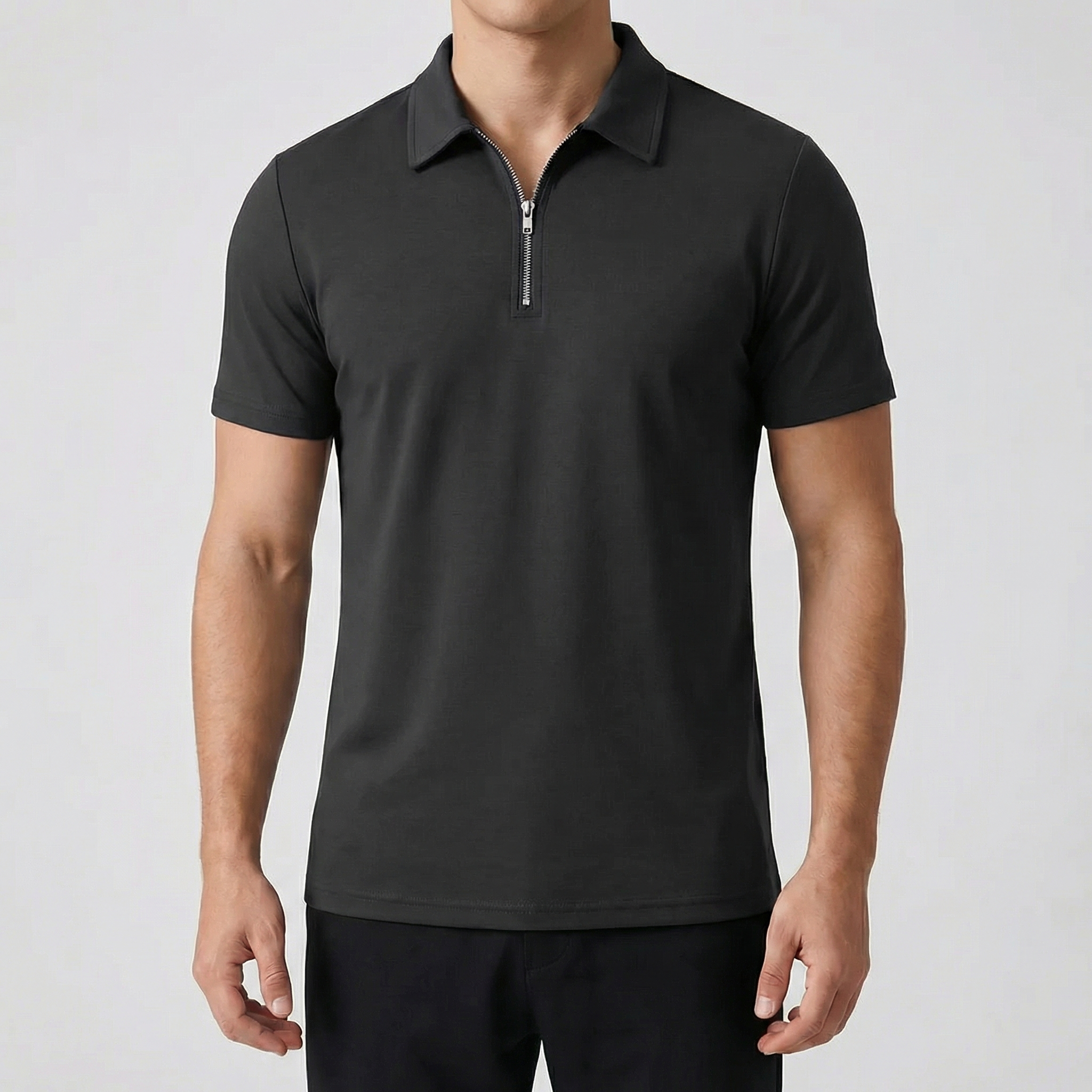 Polo uomo grigio scuro con mezza zip e maniche corte lisce