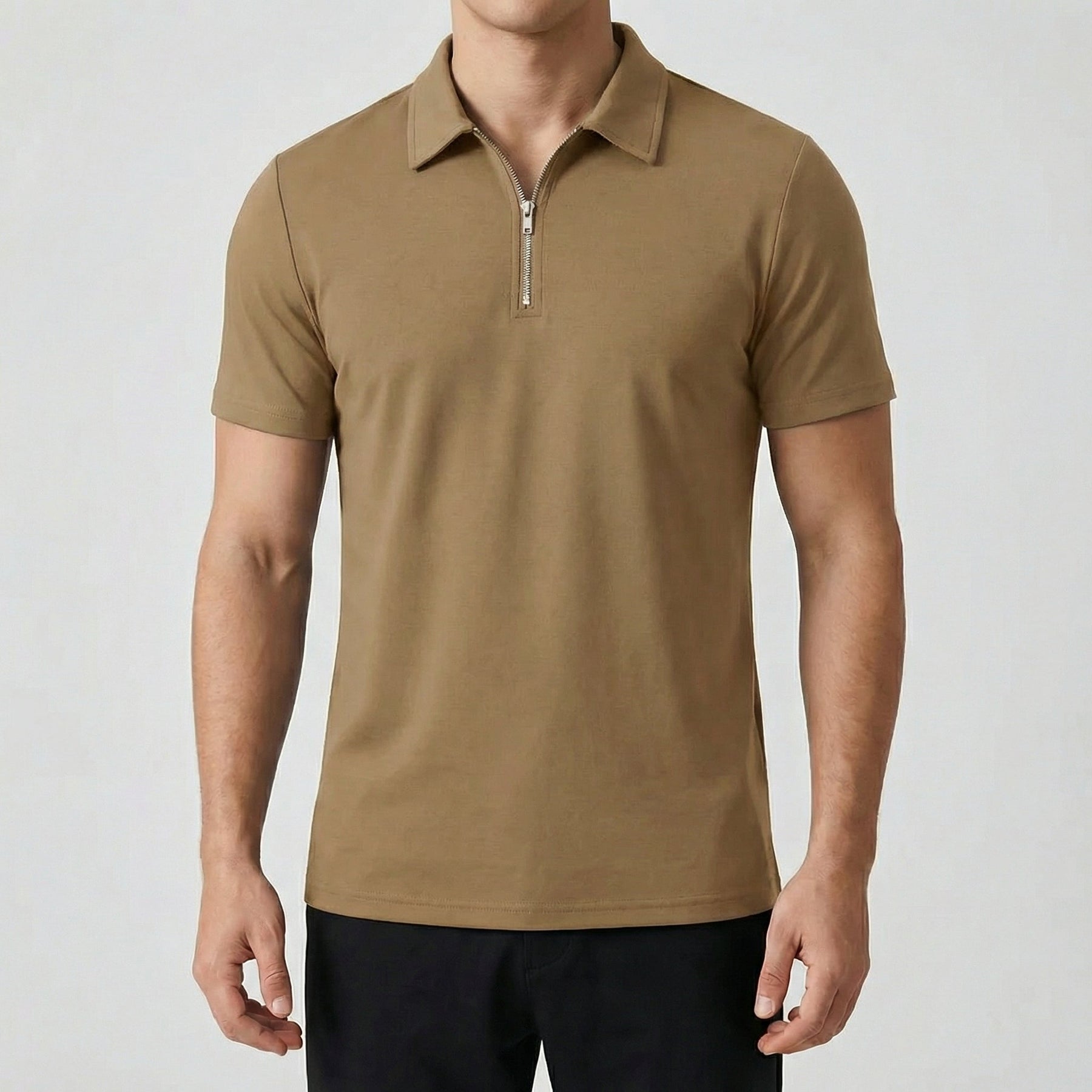 Polo uomo kaki manica corta con colletto a punta e zip