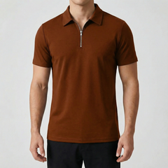 Polo uomo marrone ruggine con colletto aperto e zip centrale