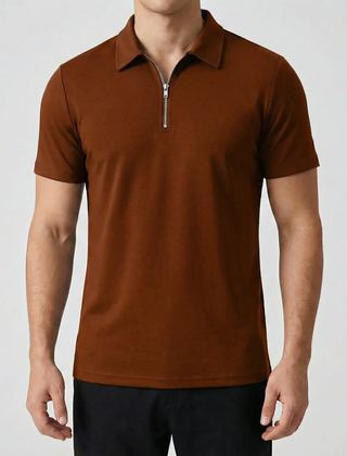 Polo uomo marrone ruggine con colletto aperto e zip centrale