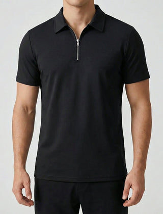 Polo uomo nera con colletto rigido e chiusura a mezza zip
