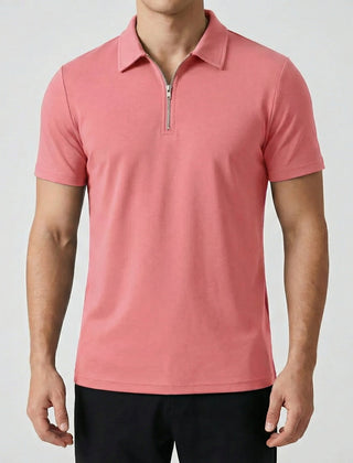 Polo uomo rosa con colletto a punta e zip argentata sul davanti