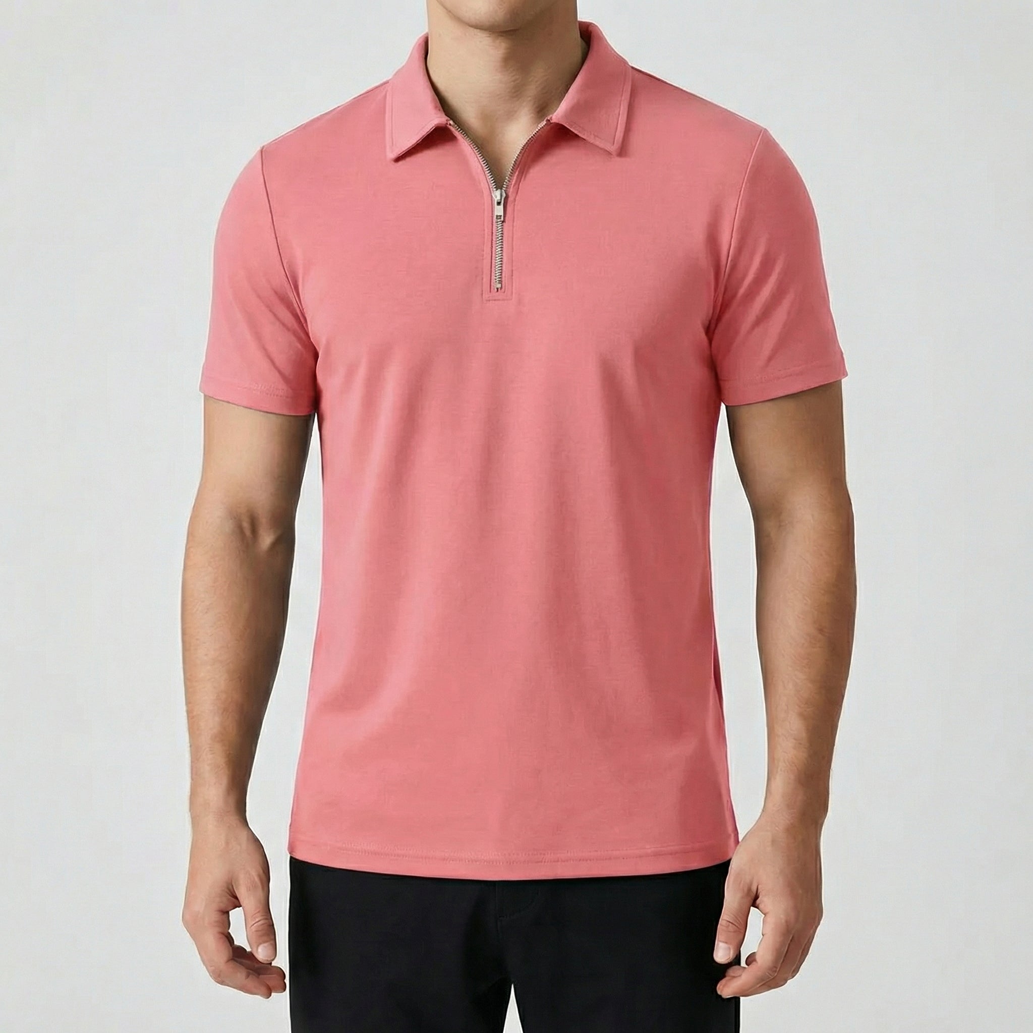 Polo uomo rosa con colletto a punta e zip argentata sul davanti