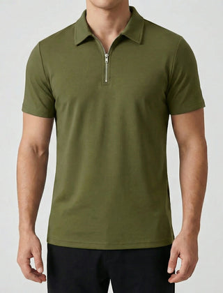 Polo uomo verde militare manica corta con chiusura a mezza zip