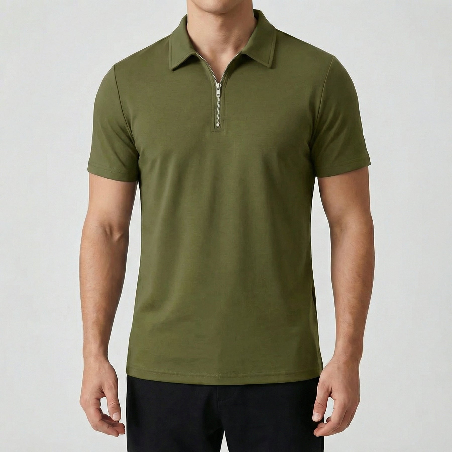 Polo uomo verde militare manica corta con chiusura a mezza zip