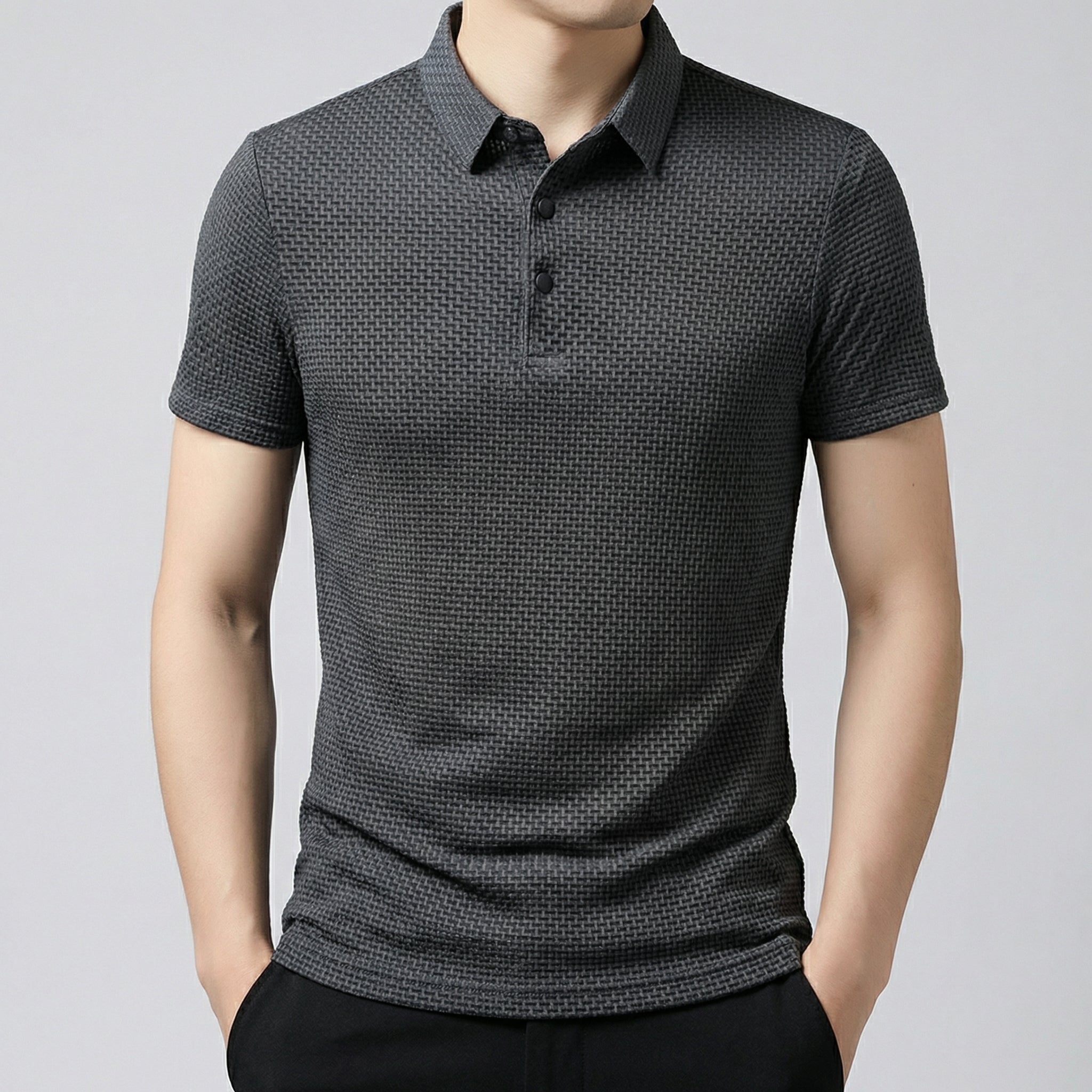 Polo uomo grigio scuro con texture a nido d'ape e colletto classico