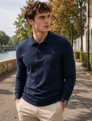 Polo uomo blu navy a manica lunga con colletto e due bottoni