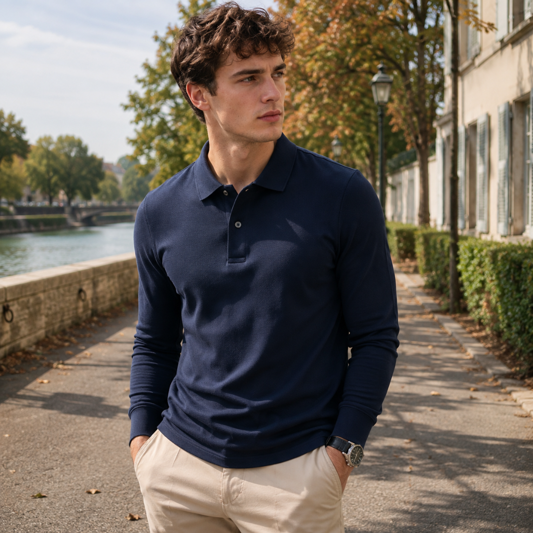 Polo uomo blu navy a manica lunga con colletto e due bottoni