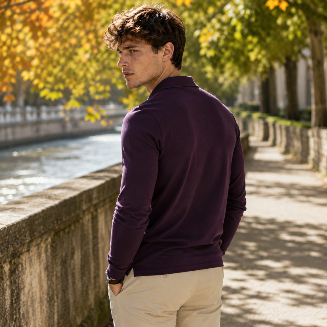 Vista posteriore della polo uomo bordeaux con colletto e manica lunga