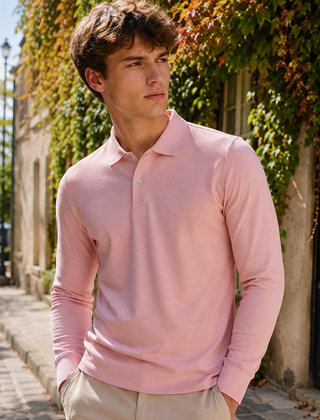 Polo uomo rosa a manica lunga con due bottoni sul davanti