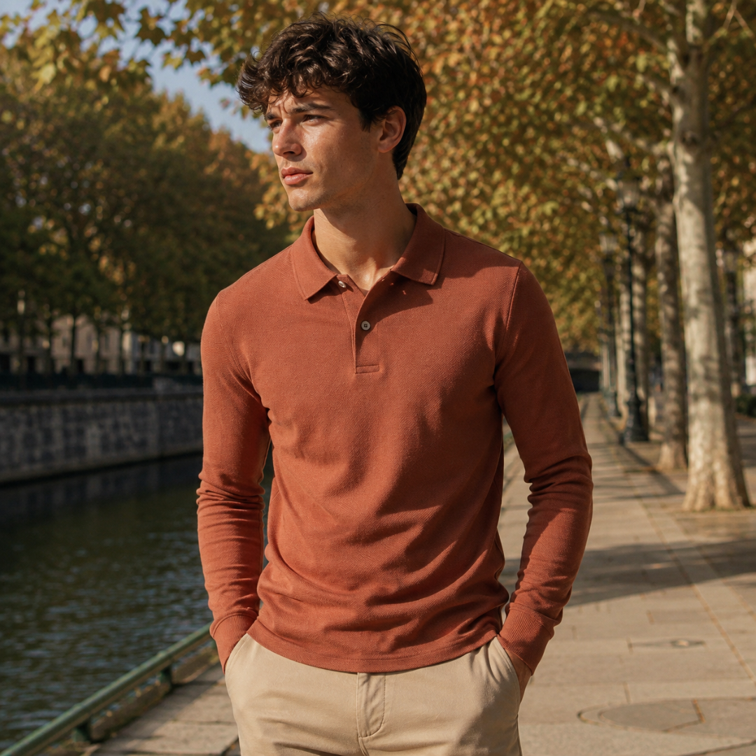 Polo uomo terracotta a manica lunga con abbottonatura corta sul davanti
