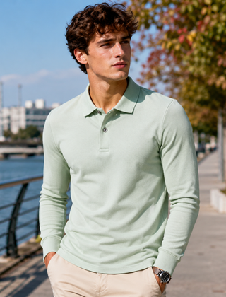 Polo uomo verde chiaro a manica lunga con trama fitta e colletto