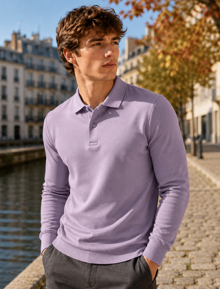 Polo uomo viola a manica lunga con bordo a coste e colletto