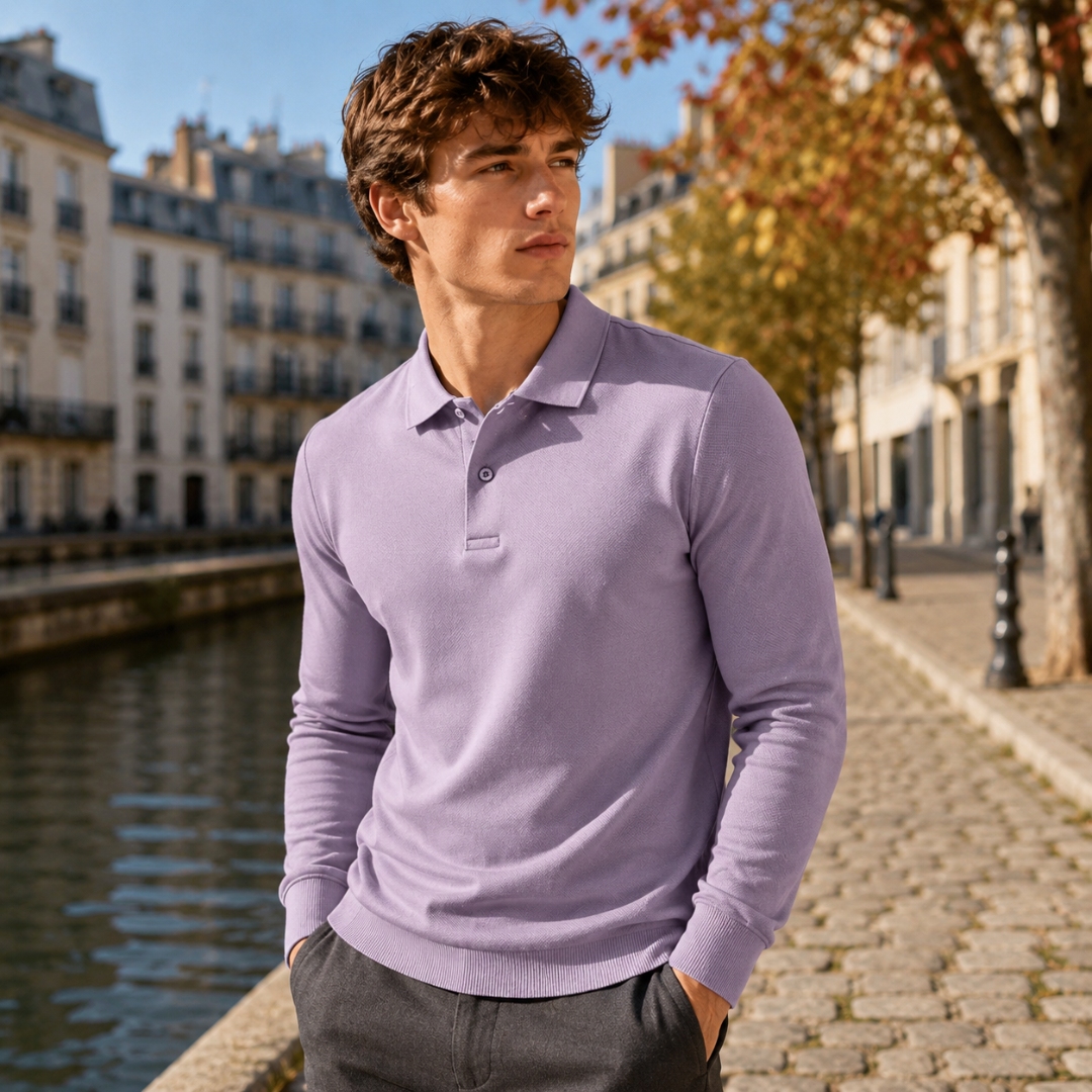Polo uomo viola a manica lunga con bordo a coste e colletto