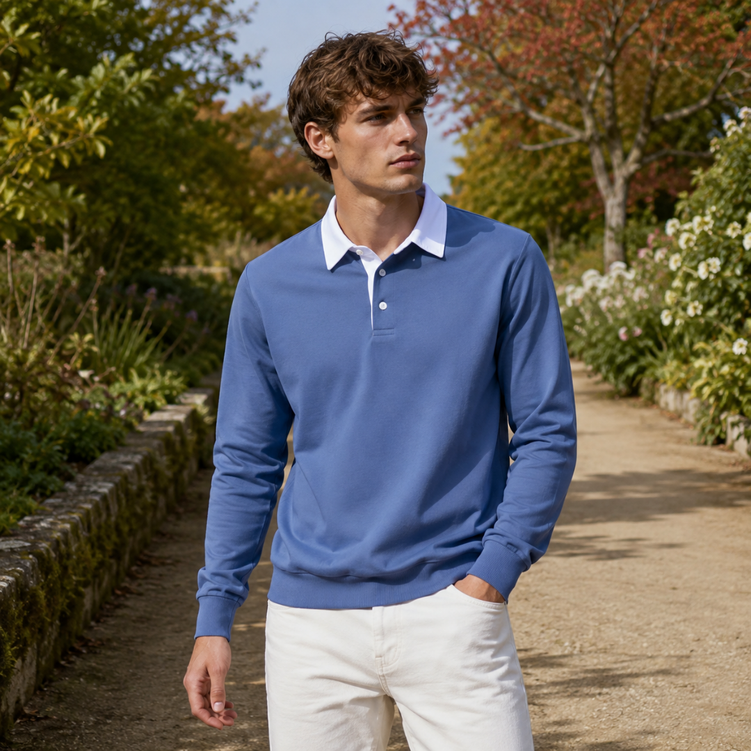Polo uomo blu medio a manica lunga con colletto bianco e bottoni chiari