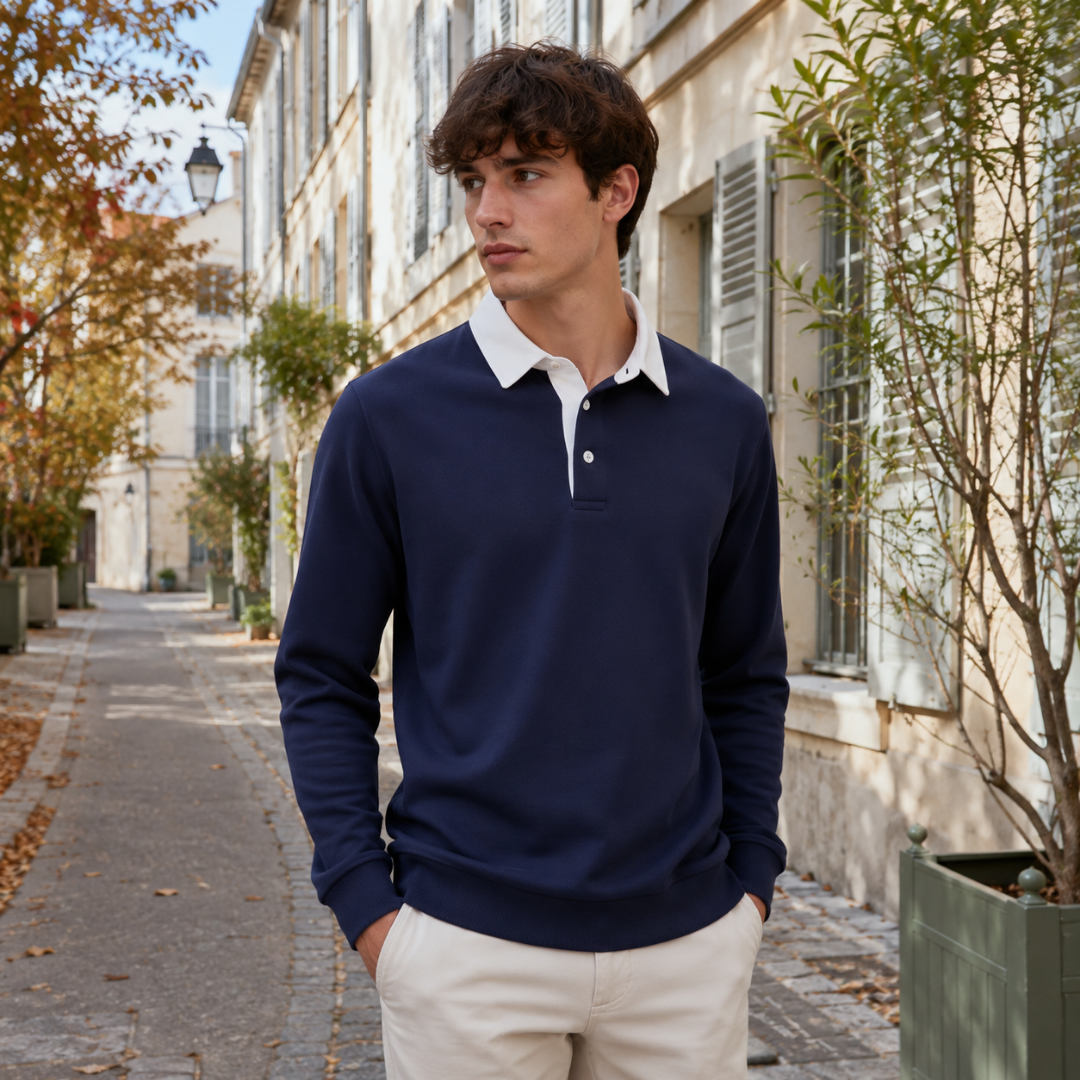 Polo uomo blu navy con colletto bianco a contrasto e fondo a coste